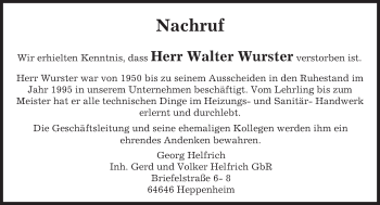 Traueranzeige von Walter Wurster von trauer.echo-online.de