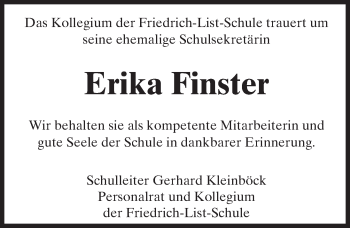 Traueranzeige von Erika Finster von trauer.echo-online.de