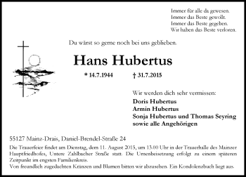Traueranzeige von Hans Hubertus von  Mainz