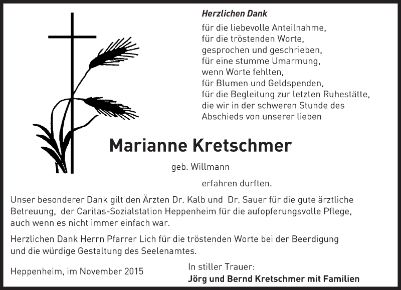  Traueranzeige für Marianne Kretschmer vom 06.11.2015 aus trauer.echo-online.de