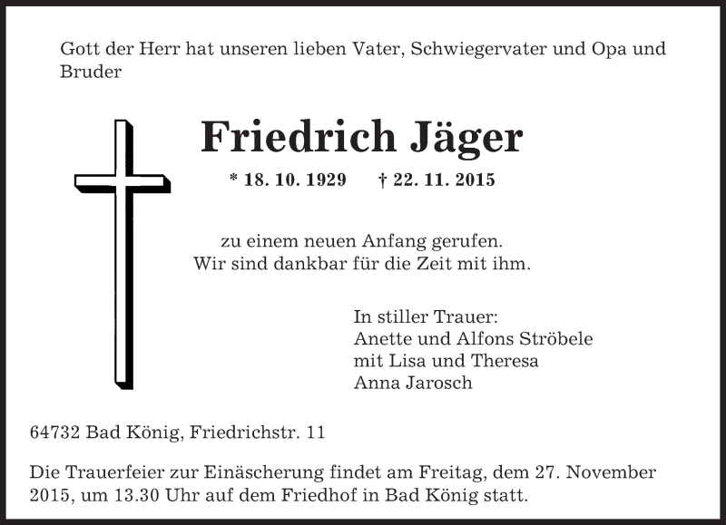  Traueranzeige für Friedrich Jäger vom 25.11.2015 aus trauer.echo-online.de