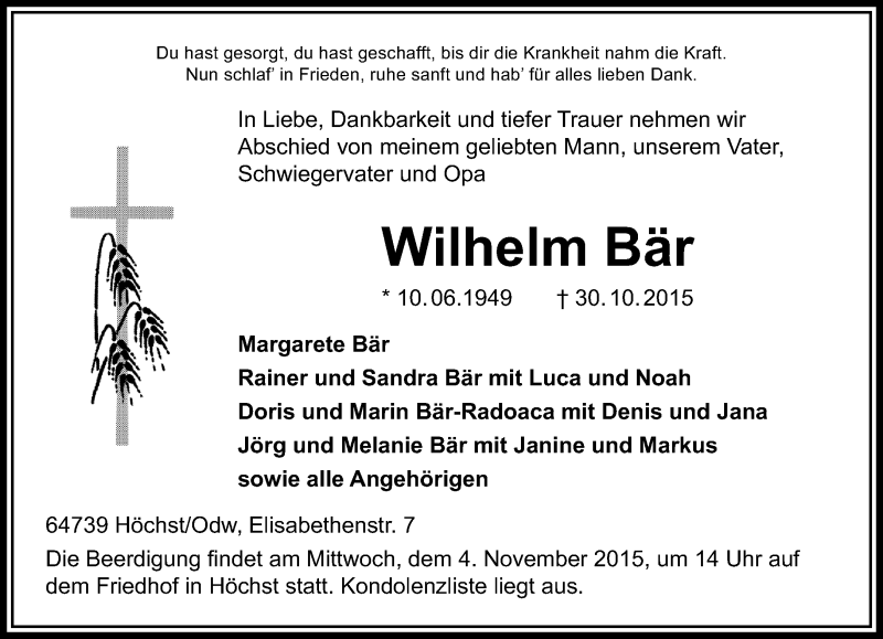  Traueranzeige für Wilhelm Bär vom 02.11.2015 aus trauer.echo-online.de