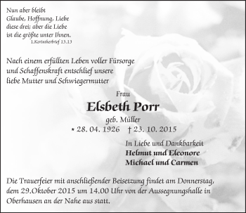 Traueranzeige von Elsbeth Porr von  Bad Kreuznach
