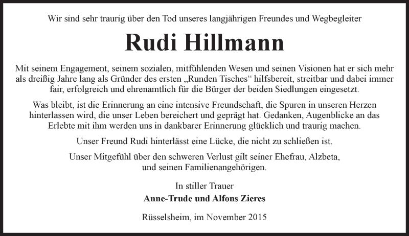  Traueranzeige für Rudi Hillmann vom 23.11.2015 aus trauer.echo-online.de