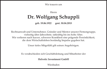 Traueranzeige von Wolfgang Schuppli von  WI-komplett