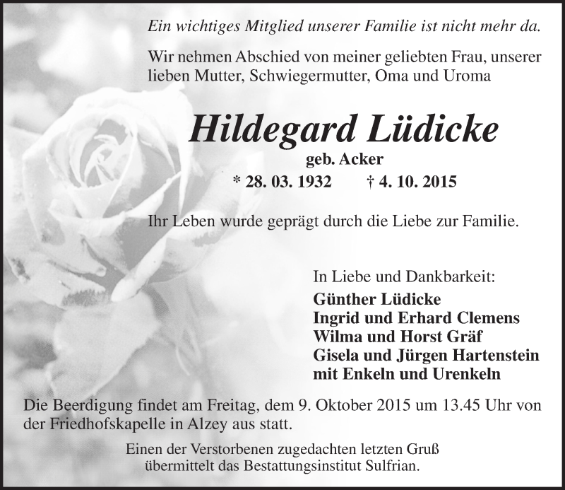  Traueranzeige für Hildegard Lüdicke vom 07.10.2015 aus  Alzey