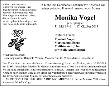 Traueranzeige von Monika Vogel von  Mainz
