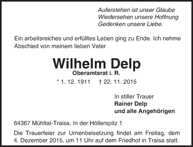  Traueranzeige für Wilhelm Delp vom 28.11.2015 aus trauer.echo-online.de