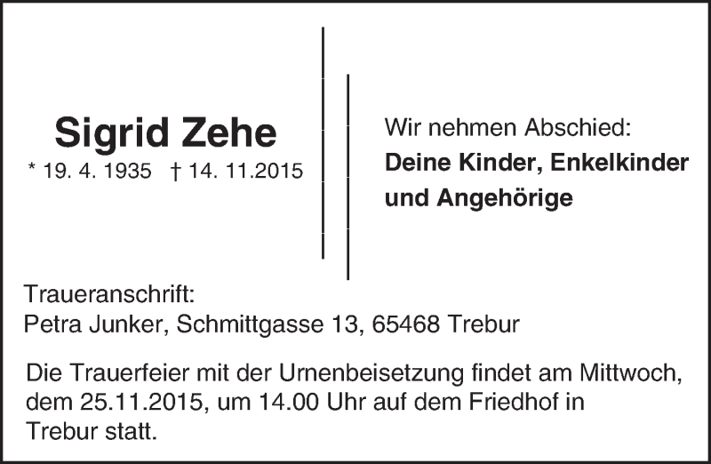  Traueranzeige für Sigrid Zehe vom 23.11.2015 aus trauer.echo-online.de