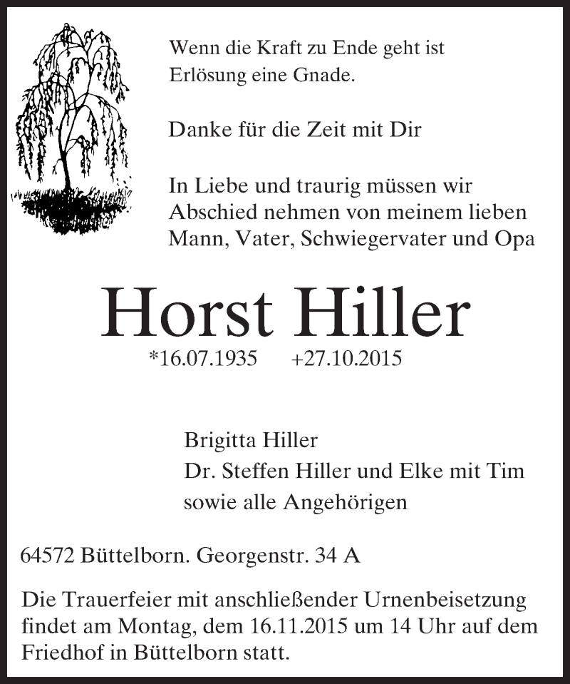  Traueranzeige für Horst Hiller vom 12.11.2015 aus trauer.echo-online.de