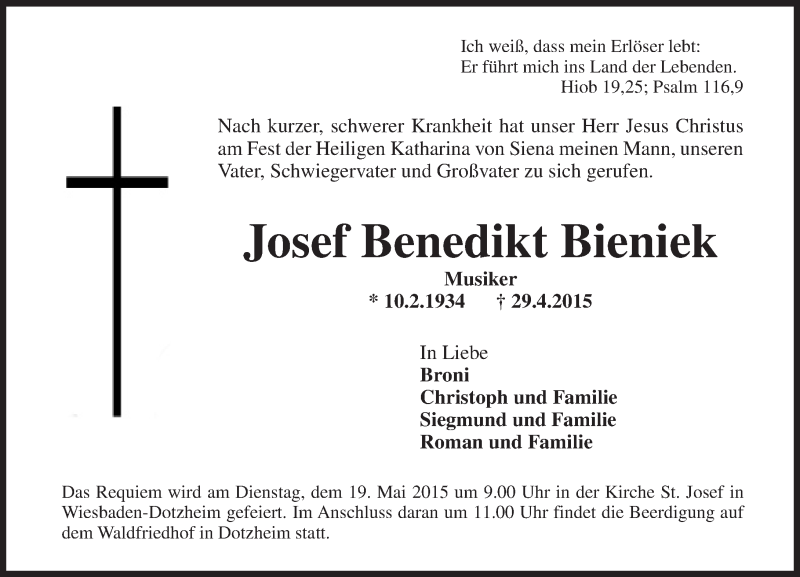  Traueranzeige für Josef Benedikt Bieniek vom 09.05.2015 aus  WI-komplett