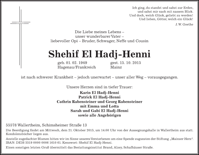  Traueranzeige für Shehif El Hadj-Henni vom 17.10.2015 aus  Mainz