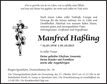 Traueranzeige von Manfred Haßling von  Ingelheim-Bingen