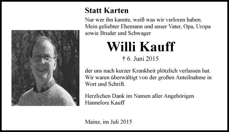  Traueranzeige für Willi Kauff vom 04.07.2015 aus  Mainz