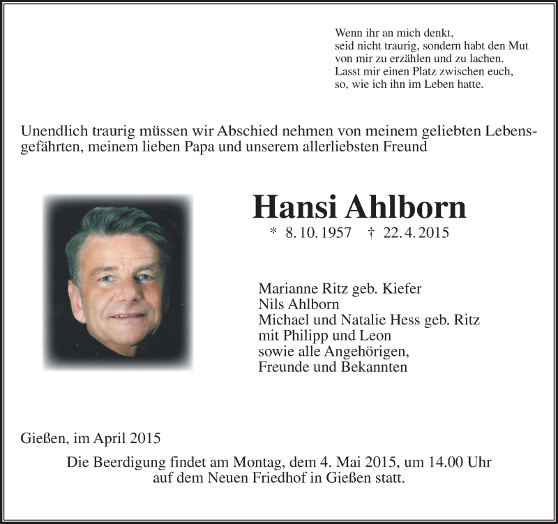  Traueranzeige für Hansi Ahlborn vom 28.04.2015 aus  Gießener Anzeiger
