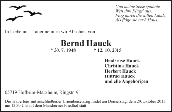 Traueranzeige von Bernd Hauck von  Hofheimer Zeitung