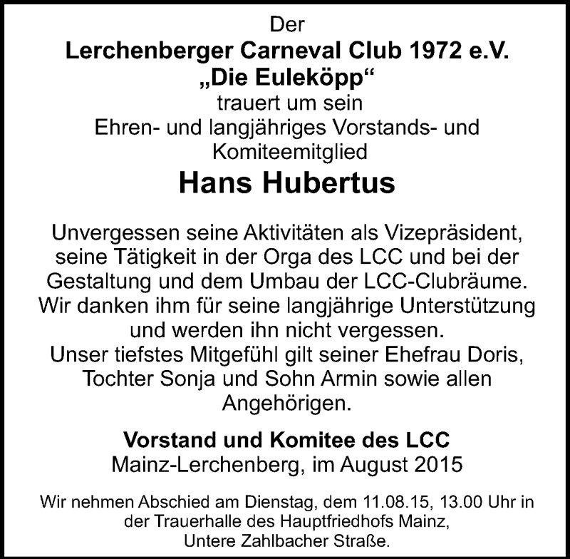  Traueranzeige für Hans Hubertus vom 05.08.2015 aus  Mainz