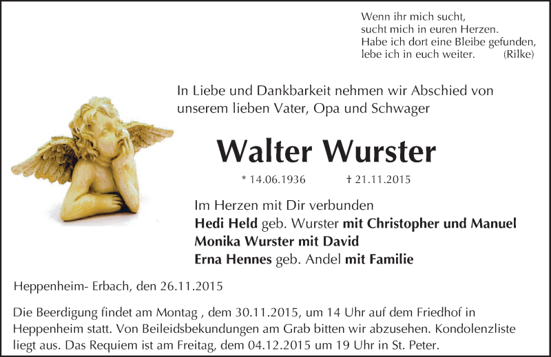  Traueranzeige für Walter Wurster vom 26.11.2015 aus trauer.echo-online.de