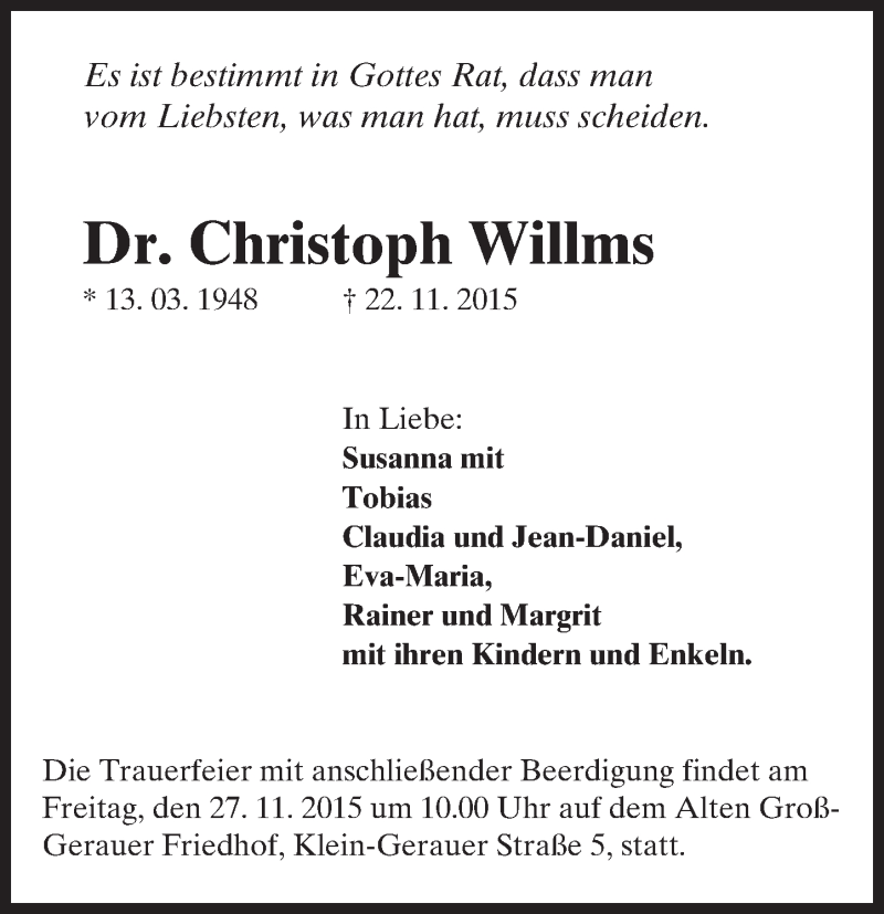  Traueranzeige für Christoph Willms vom 25.11.2015 aus trauer.echo-online.de
