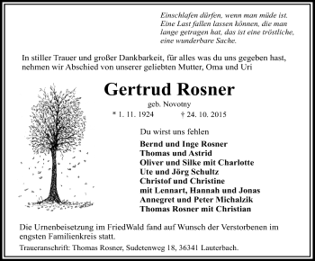 Traueranzeige von Gertrud Rosner von VRM Trauer