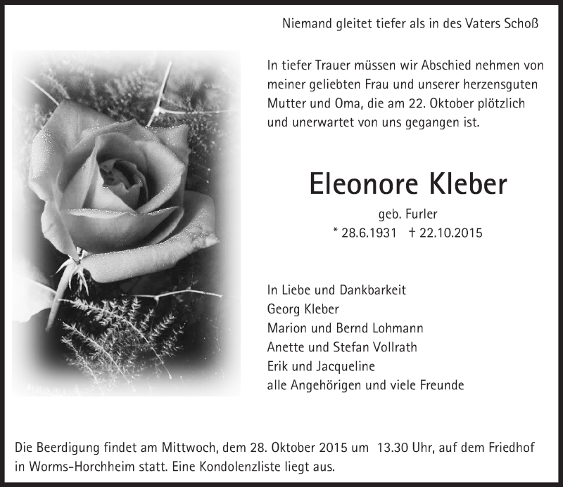  Traueranzeige für Eleonore Kleber vom 26.10.2015 aus  Worms