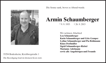 Traueranzeige von Armin Schaumberger von  Mainz
