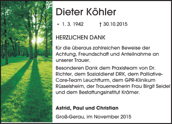 Traueranzeige von Dieter Köhler von trauer.echo-online.de