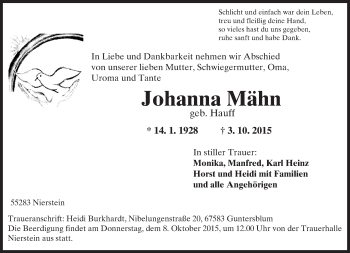 Traueranzeige von Johanna Mähn von  Landskrone