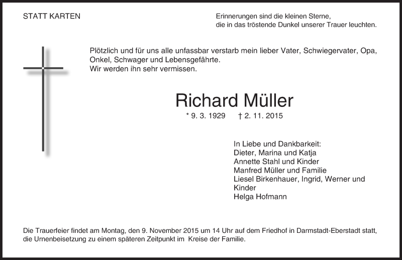  Traueranzeige für Richard Müller vom 06.11.2015 aus trauer.echo-online.de