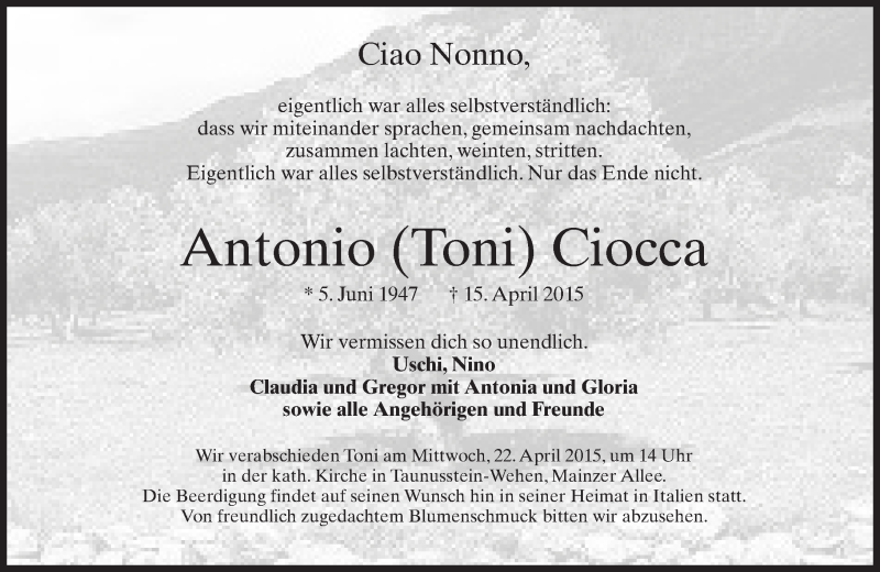  Traueranzeige für Antonio Ciocca vom 18.04.2015 aus  WI-komplett