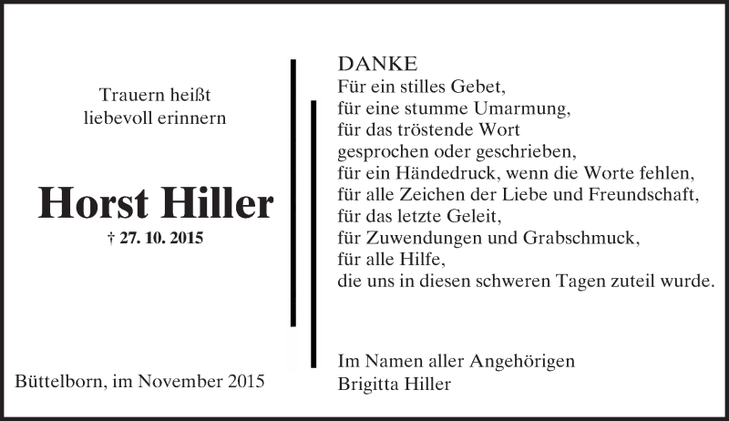  Traueranzeige für Horst Hiller vom 28.11.2015 aus trauer.echo-online.de