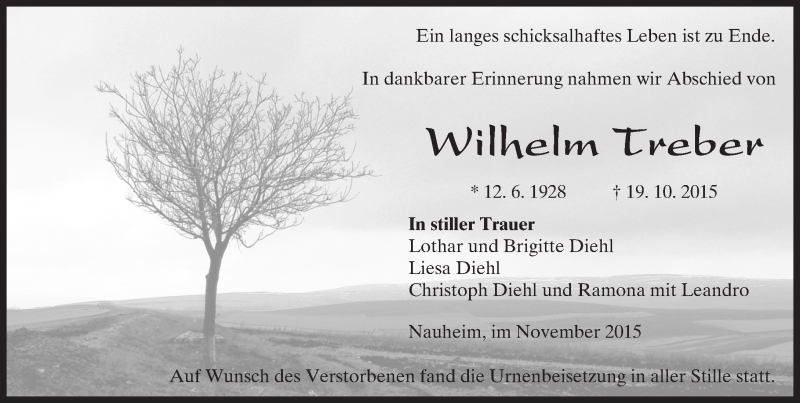  Traueranzeige für Wilhelm Treber vom 04.11.2015 aus trauer.echo-online.de