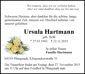 Traueranzeige von Ursula Hartmann von trauer.echo-online.de
