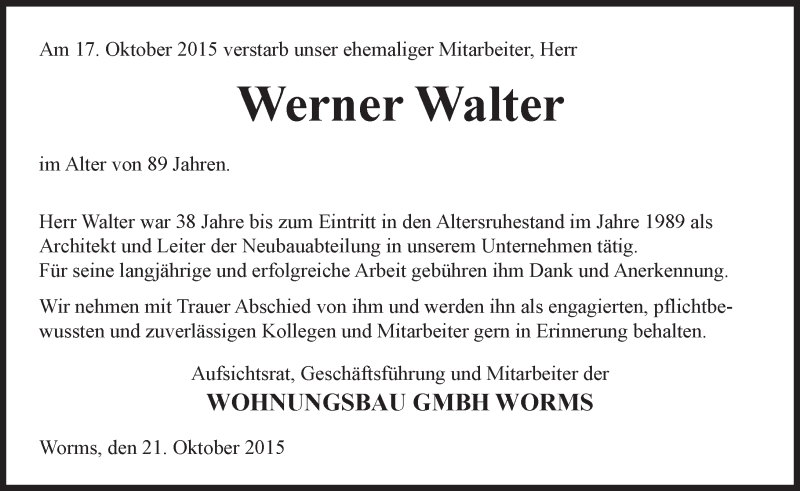  Traueranzeige für Werner Walter vom 21.10.2015 aus  Worms