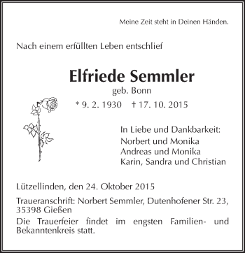 Traueranzeige von Elfriede Semmler von  Gießener Anzeiger