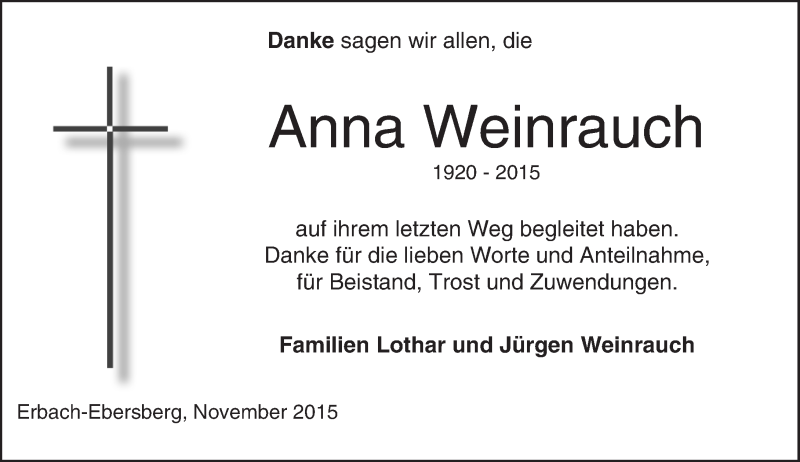  Traueranzeige für Anna Weinrauch vom 07.11.2015 aus trauer.echo-online.de