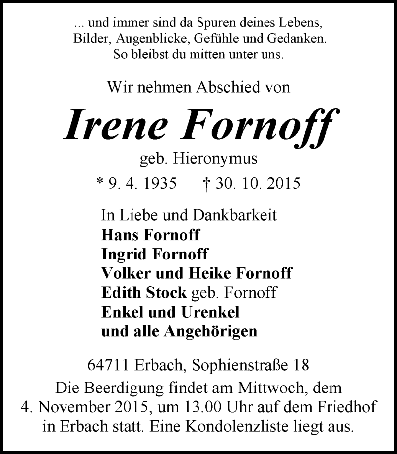  Traueranzeige für Irene Fornoff vom 03.11.2015 aus trauer.echo-online.de