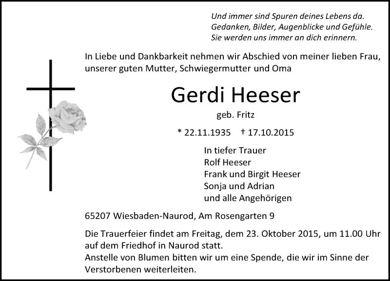  Traueranzeige für Gerdi Heeser vom 20.10.2015 aus  WI-komplett