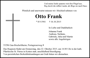 Traueranzeige von Otto Frank von  Mainz
