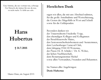 Traueranzeige von Hans Hubertus von  Mainz