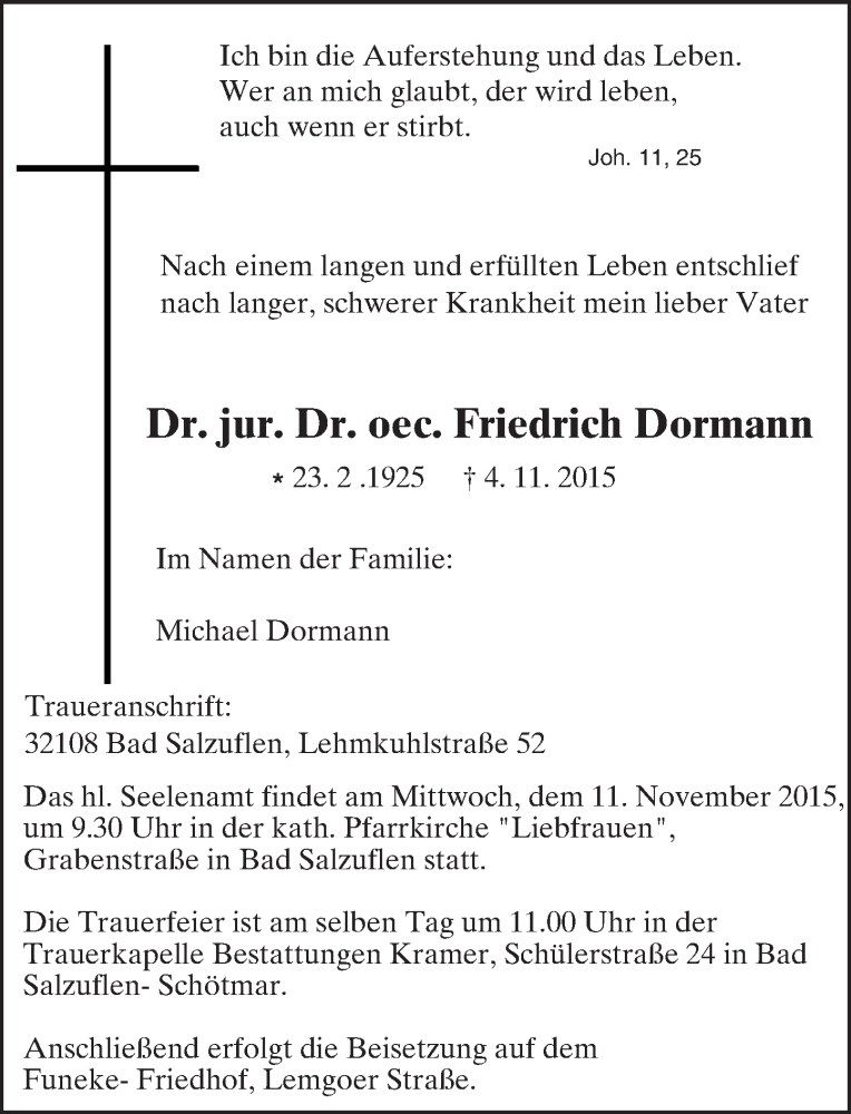  Traueranzeige für Friedrich Dormann vom 07.11.2015 aus trauer.echo-online.de