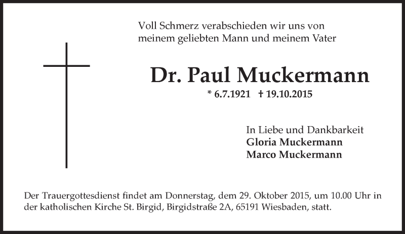  Traueranzeige für Paul Muckermann vom 24.10.2015 aus  WI-komplett