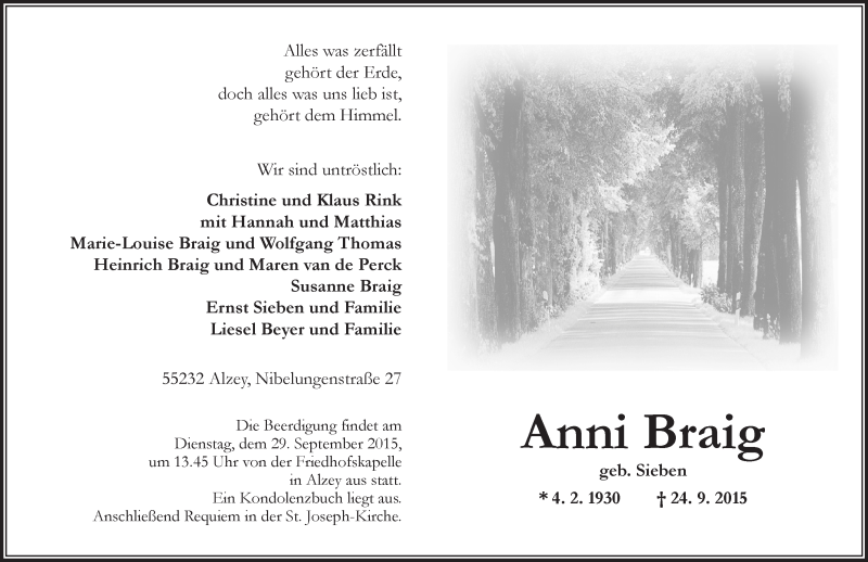  Traueranzeige für Anni Braig vom 26.09.2015 aus  Alzey