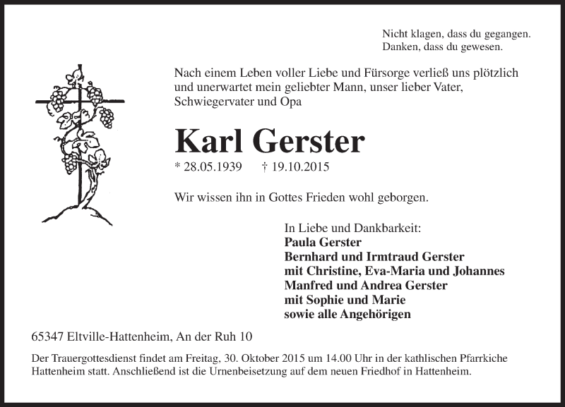  Traueranzeige für Karl Gerster vom 24.10.2015 aus  Rheingau