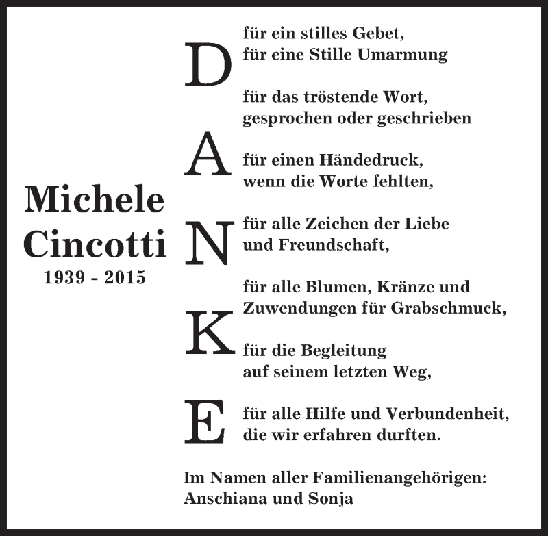  Traueranzeige für Michele Cincotti vom 07.11.2015 aus trauer.echo-online.de