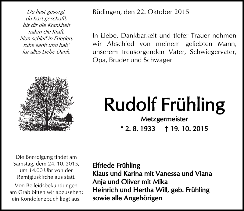  Traueranzeige für Rudolf Frühling vom 22.10.2015 aus  Kreisanzeiger