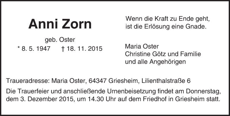  Traueranzeige für Anni Zorn vom 21.11.2015 aus trauer.echo-online.de