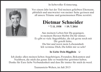 Traueranzeige von Dietmar Schneider von  WI-komplett