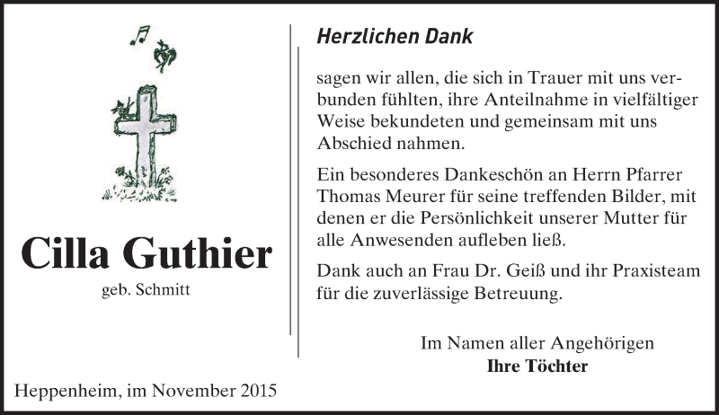  Traueranzeige für Cilla Guthier vom 27.11.2015 aus trauer.echo-online.de