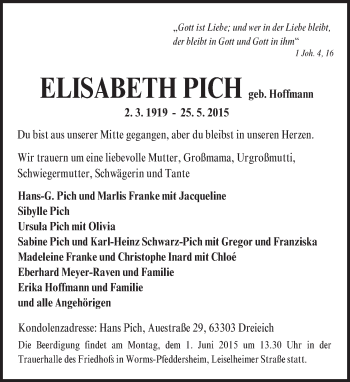 Traueranzeige von Elisabeth Pich von  Worms